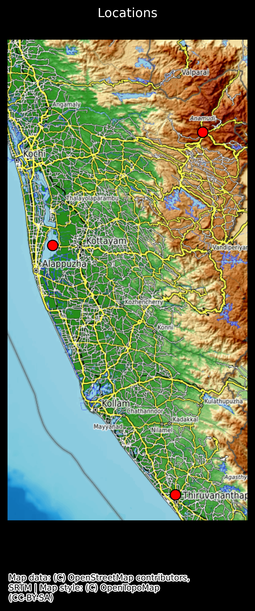 map of Kerala including points for all featured locations